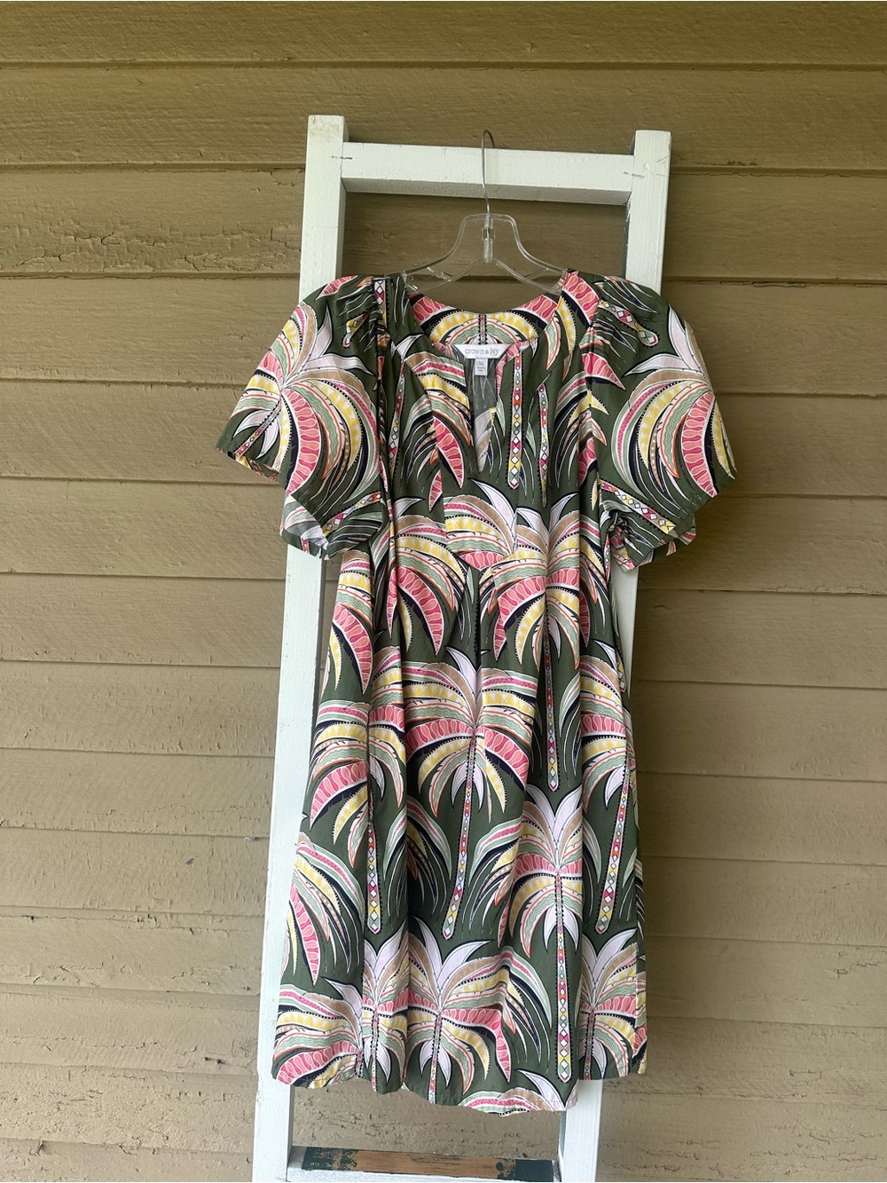 Tropical Palm Print Short Dress in Olive, Pink & Cream